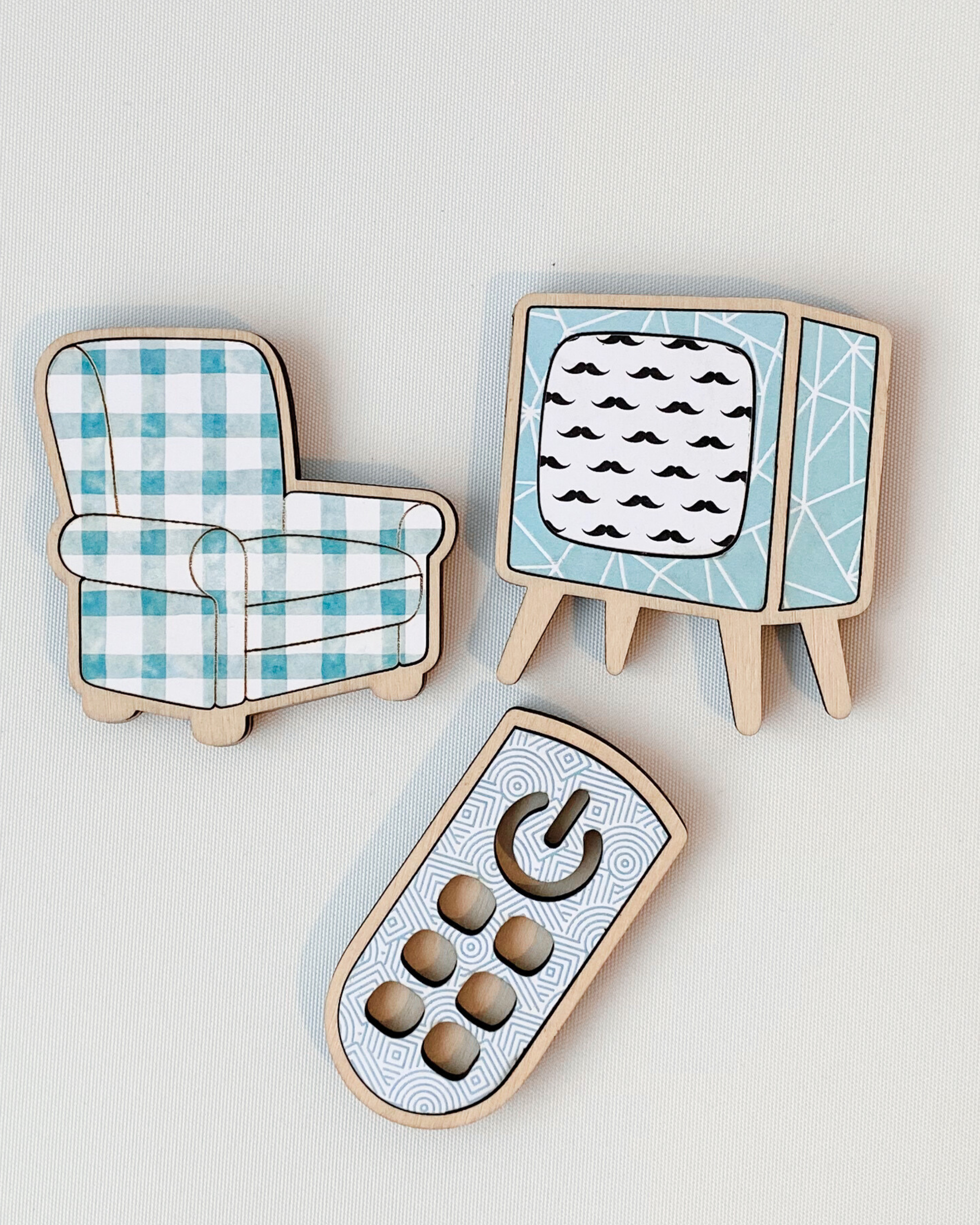 Dad Magnets set of three with Sofa Telly and Remote options, made out of laser-cut plywood.