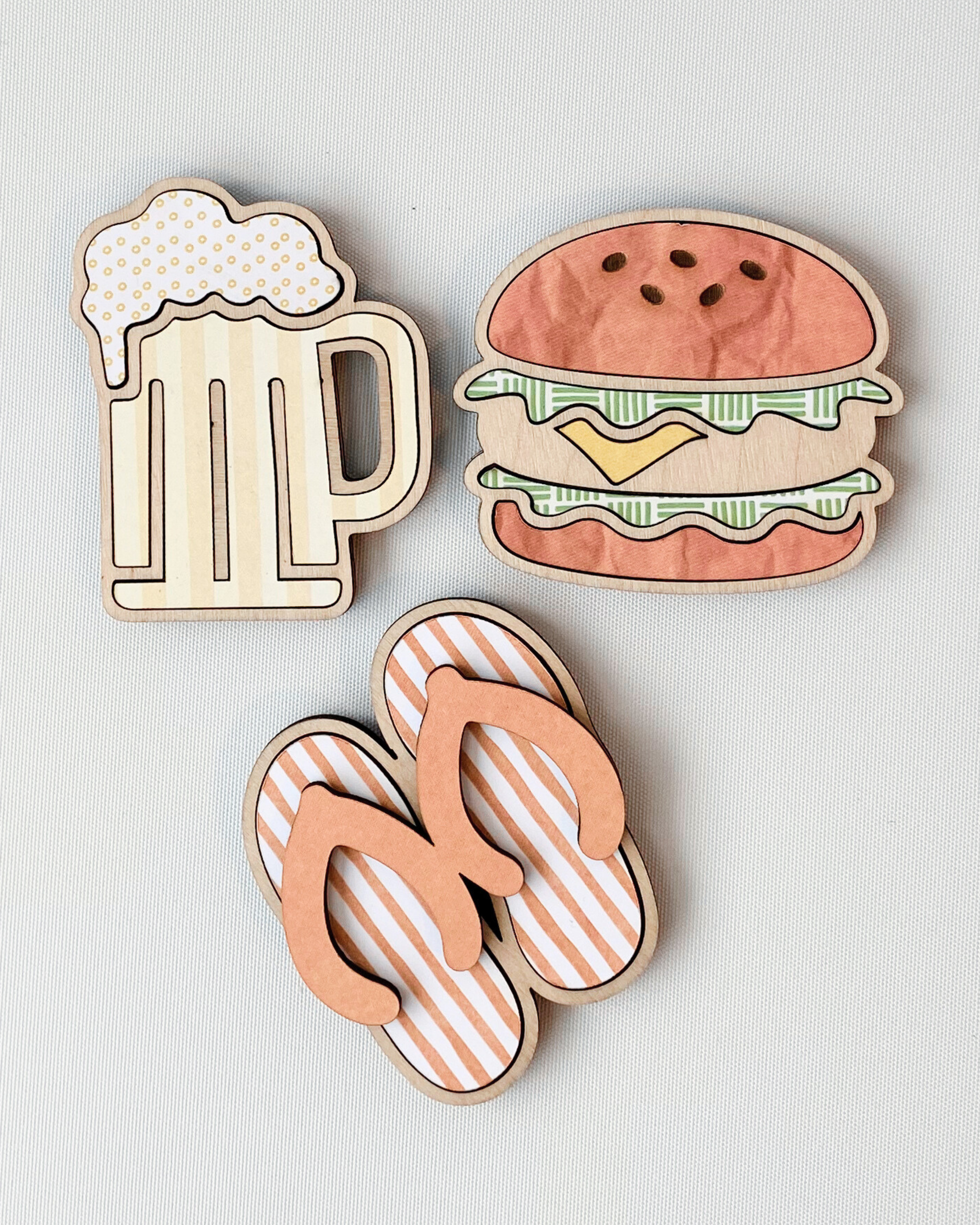 Dad Magnets set of three with Beer, Burger and Jandals options, made out of laser-cut plywood.