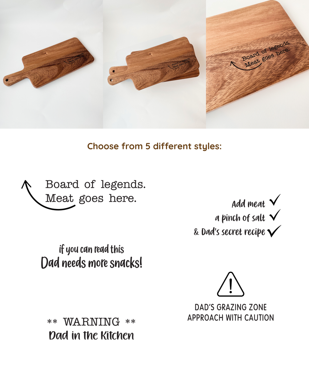 Dad Board chopping or serving board, showcasing the 5 different engravings offered. Made from food-grade acacia wood.