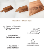 Dad Board chopping or serving board, showcasing the 5 different engravings offered. Made from food-grade acacia wood.