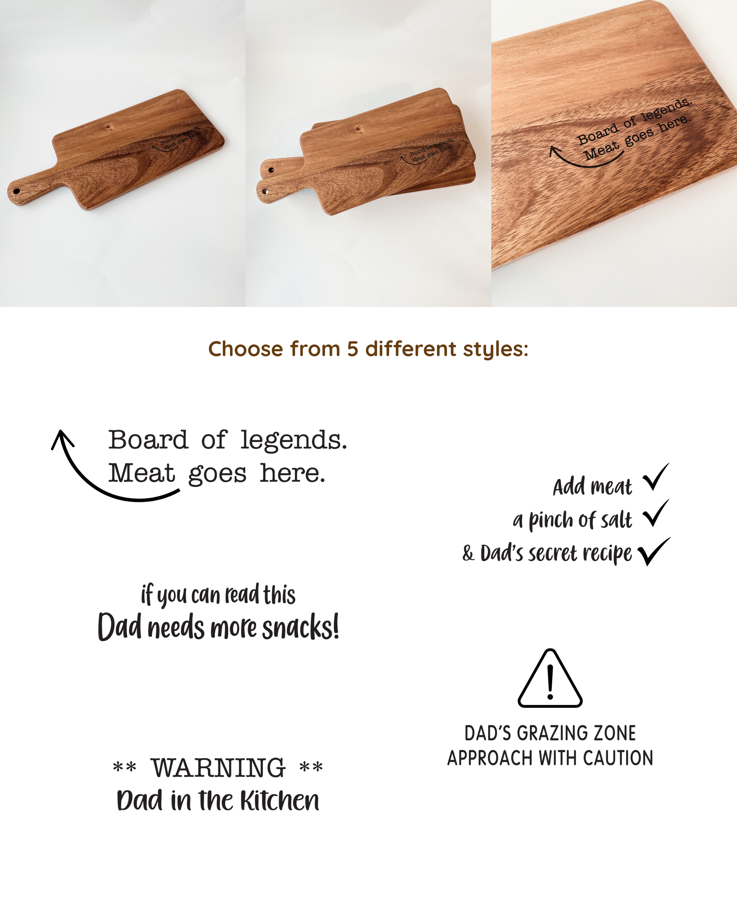 Dad Board chopping or serving board, showcasing the 5 different engravings offered. Made from food-grade acacia wood.