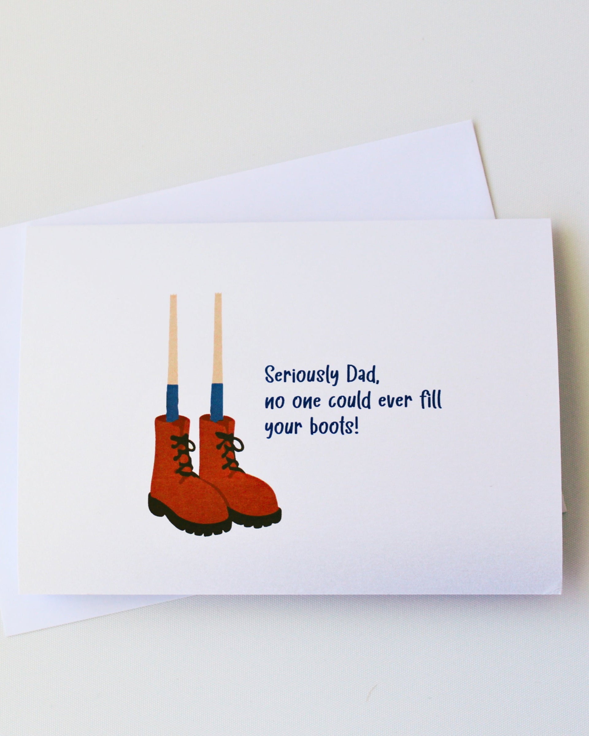 Greeting Card for Father's Day with a funny saying about boots, with a drawing of red shoes.