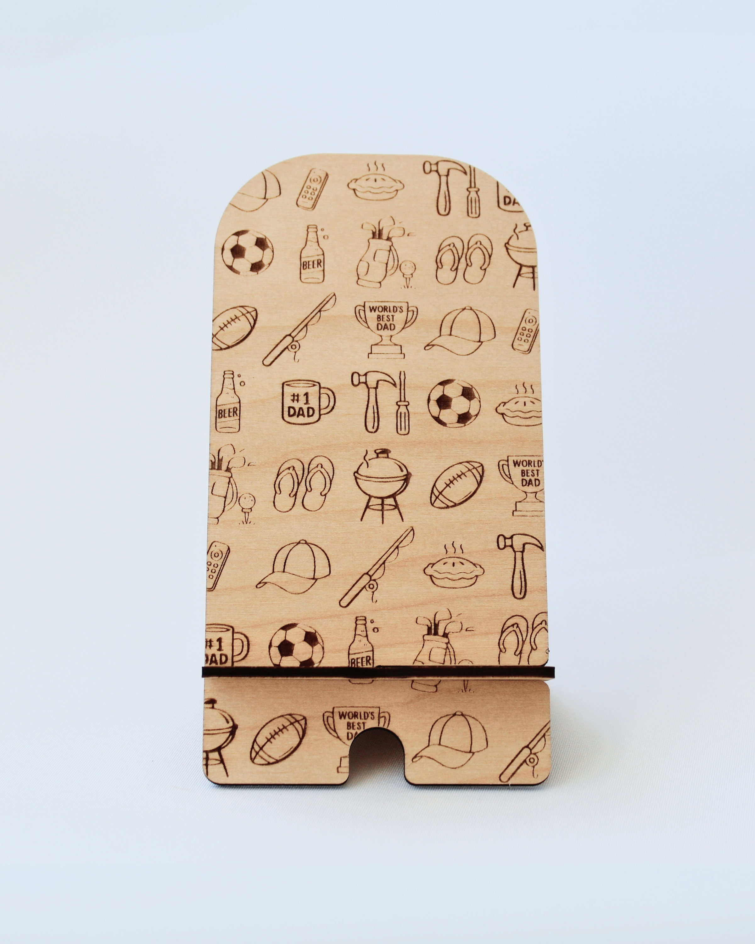 Wooden Phone Stand in the Classic Kiwi Dad design against a white background.