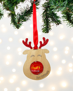 Laser-cut wooden Sweet-Nose Reindeer Ornament in red with a Lindt chocolate nose, engraved with the words Meri Kirihimete.