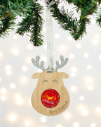 Laser-cut wooden Sweet-Nose Reindeer Ornament in silver with a Lindt chocolate nose, engraved with the words Merry Christmas.