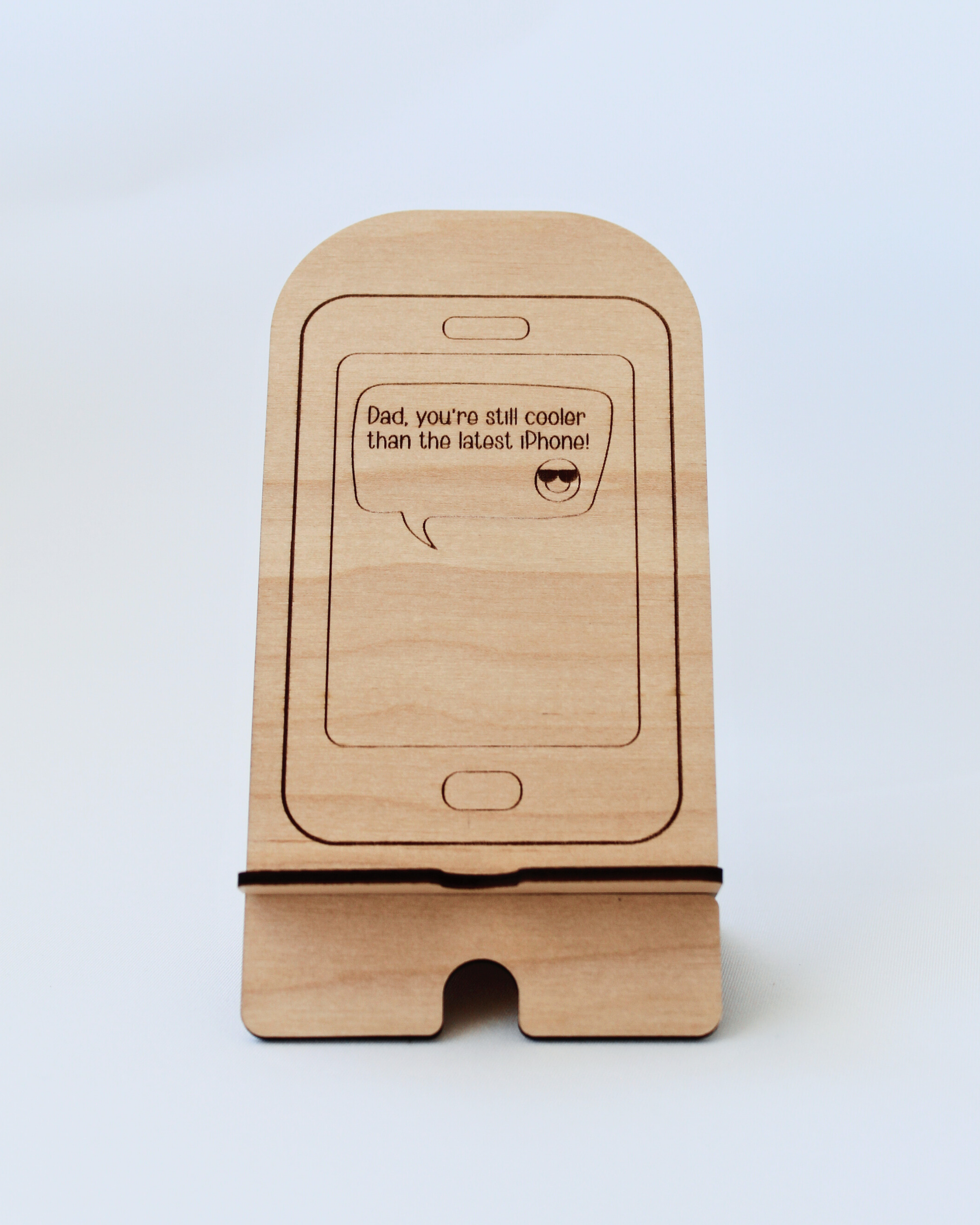 Wooden Phone Stand in the iPhone design against a white background.